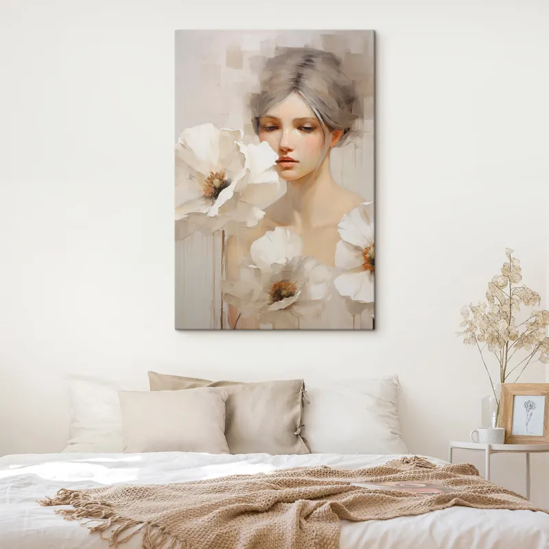 Retur ușor Pictură pe pânză Portret de femeie cu flori albe mari, pe un fundal abstract deschis la culoare Nr s49494