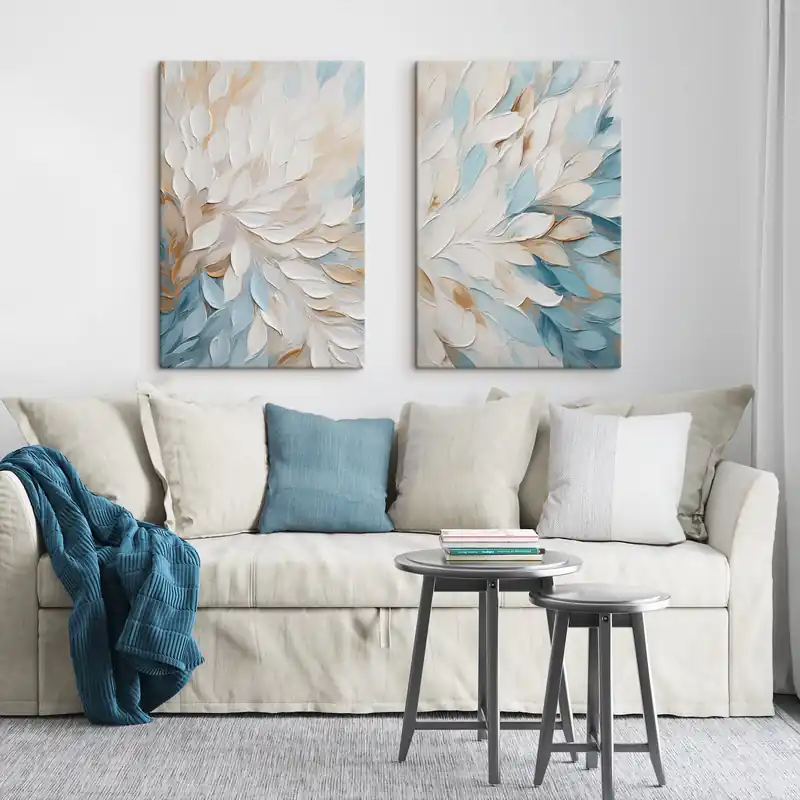 Discount Pictură pe pânză Pictură abstractă cu textură, imitând tușele de pensulă în nuanțe de alb, albastru și bej Nr m30568
