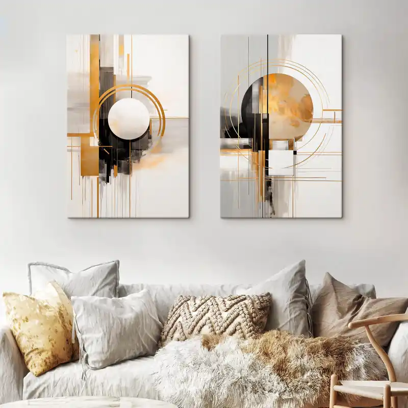 Super ofertă Pictură pe pânză Forme geometrice abstracte și cercuri cu accente galbene, artă texturată Nr m30576
