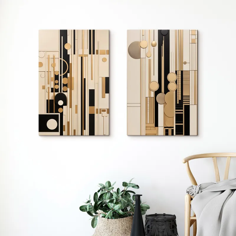 Ofertă de sezon Pictură pe pânză O compoziție geometrică abstractă cu cercuri, dreptunghiuri și linii verticale Nr m30577