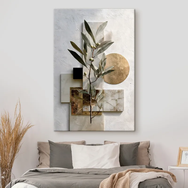 Premium Pictură pe pânză o compoziție abstractă în care sunt reprezentate o ramură de măslin și forme geometrice Nr s49555