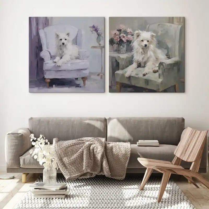 Pictură pe pânză Un câine pe un scaun, pictură în stil imitație Nr m30616 Nu rata