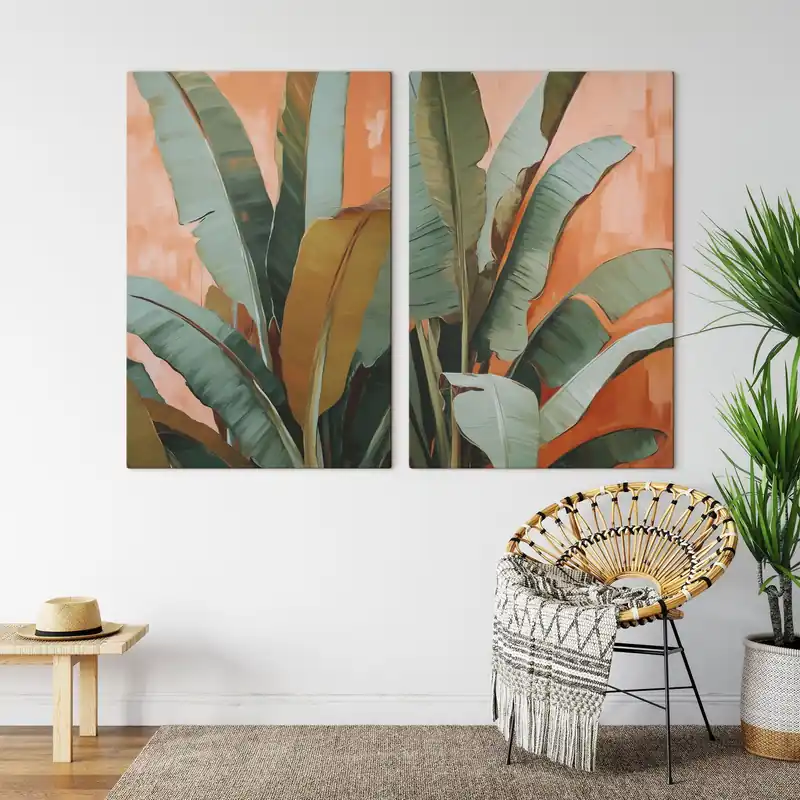 Reducere extra Pictură pe pânză Tablou cu imitație de frunze tropicale mari Nr m30617