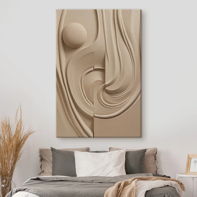 Pictură pe pânză O operă de artă abstractă, de culoare bej, cu textură, linii fluide și o sferă Nr s49775 Reducere specială