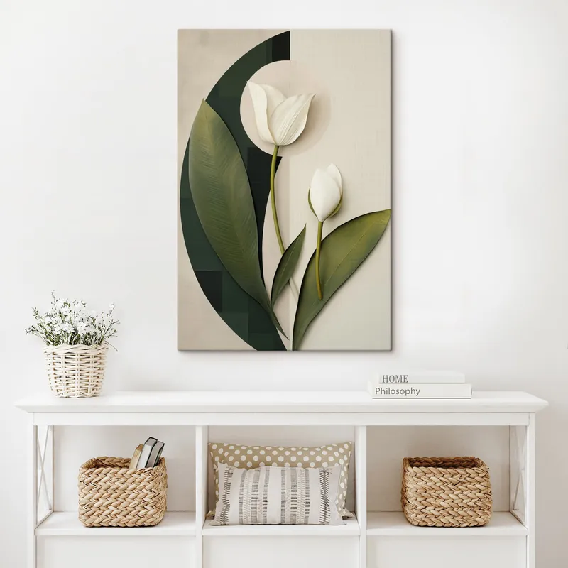Pictură pe pânză Lalei albe cu frunze și tulpini verzi, artă abstractă Nr s49779 Discount