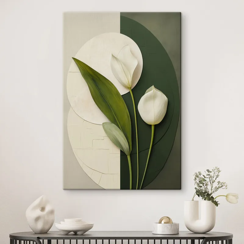 Pictură pe pânză Lalei albe cu frunze și tulpini verzi, artă abstractă Nr s49780 Ofertă de sezon