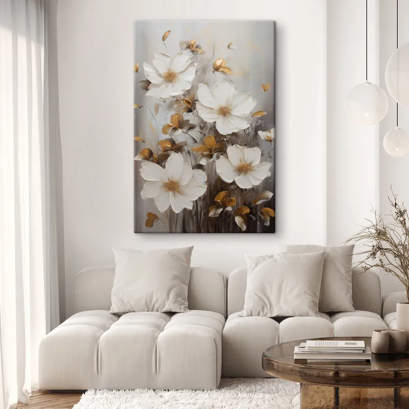 Reducere extra Pictură pe pânză Flori albe cu petale cu textură și accente galbene, pe un fundal abstract Nr s49782