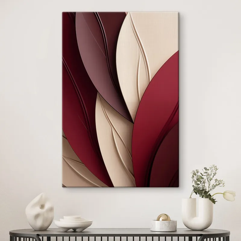 Discount Pictură pe pânză Forme abstracte ondulate în nuanțe de bordo și crem, cu texturi suprapuse Nr s49788
