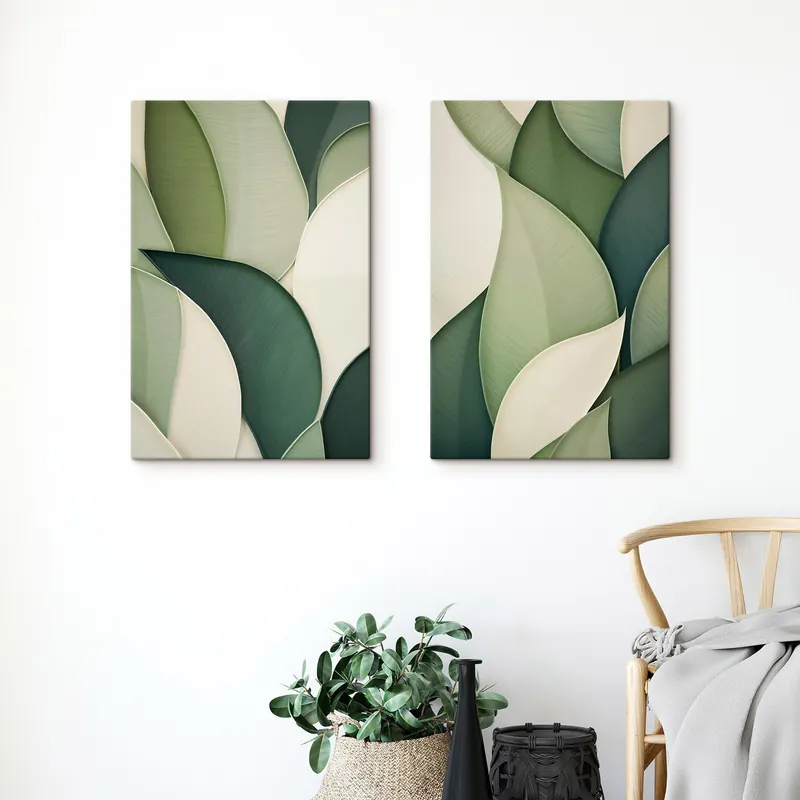 Reducere Pictură pe pânză Artă abstractă cu forme organice suprapuse, în nuanțe de verde și crem Nr m30684