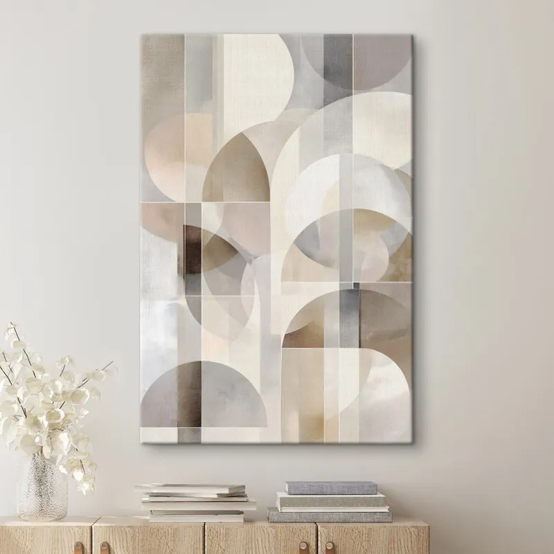 Pictură pe pânză O compoziție minimalistă, geometrică și abstractă, realizată într-o paletă de nuanțe delicate de bej, crem, gri-maro și gri-bej Nr s49877 Chilipir