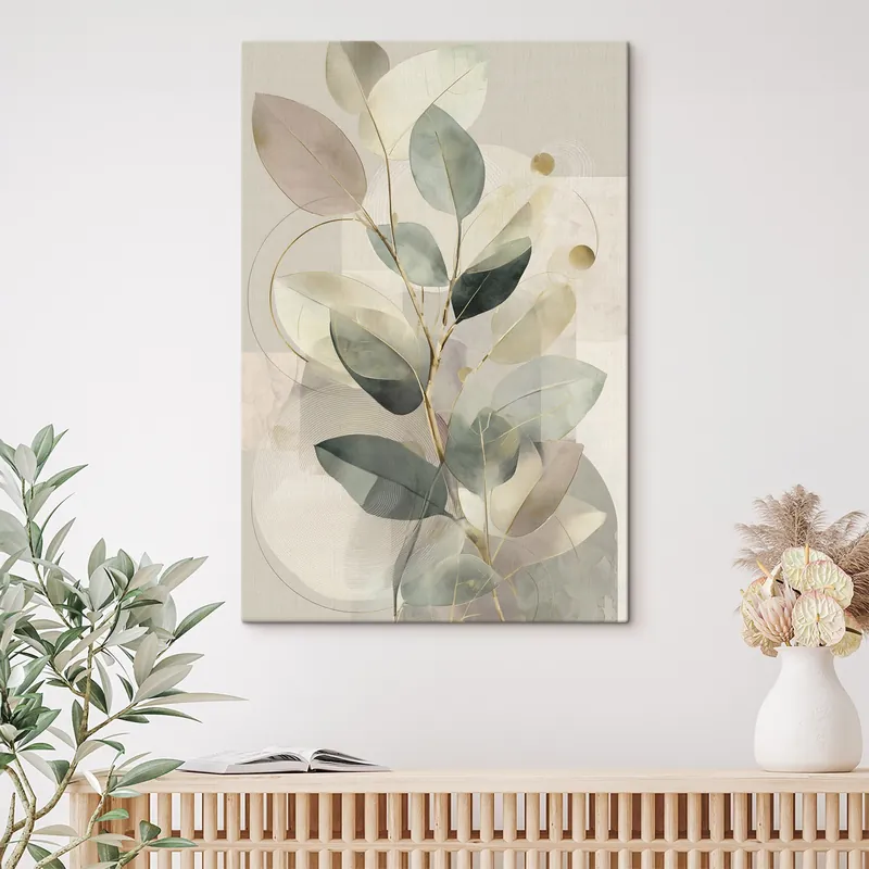 Pictură pe pânză Operă de artă abstractă minimalistă cu tematică botanică, reprezentând o ramură de măslin elegantă, cu frunze într-o nuanță delicată de verde salvie și bej cald Nr s49878 Preț redus