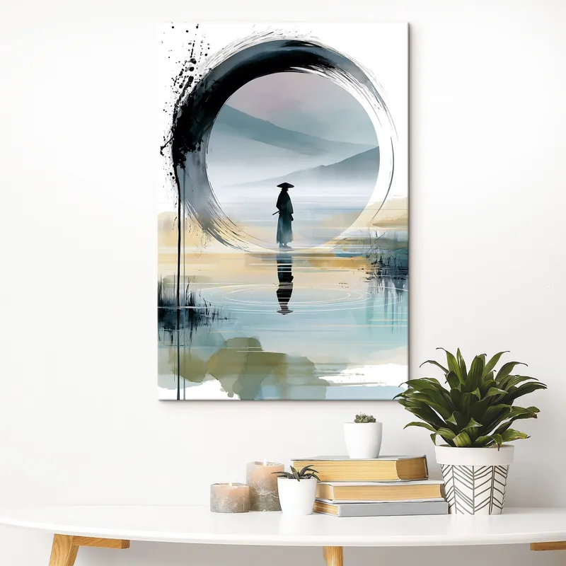 Pictură pe pânză O ilustrație zen contemporană în care apar un samurai, un cerc enso, un peisaj pictat în acuarelă și o reflecție în oglindă Nr s49880 Nu rata