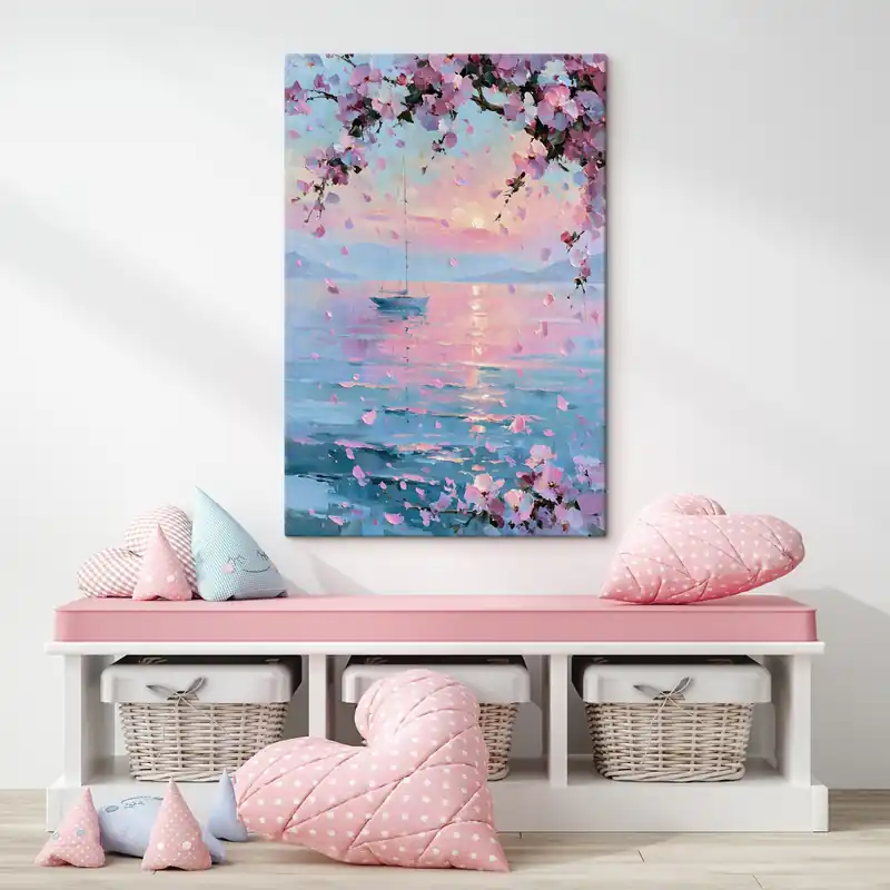 Livrare rapidă Pictură pe pânză Un iaht alb și elegant pe mare, la apusul soarelui, sub ramurile înflorite ale unui cireș sakura roz, în stilul unei picturi în ulei Nr s49883