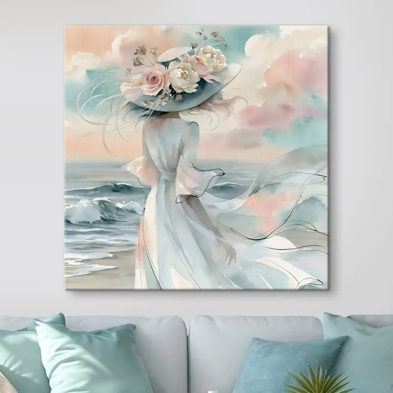 Pictură pe pânză O fată romantică cu o pălărie cu motive florale pe malul mării, în stil acuarelă Nr s49890 Ofertă specială