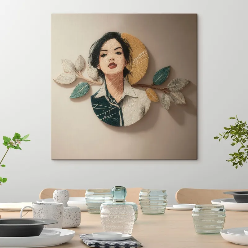 Pictură pe pânză Compoziție decorativă reprezentând un portret feminin și frunze, realizată în stil grafic Nr s49710 Premium