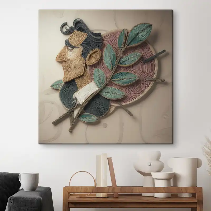 Disponibil imediat Pictură pe pânză Portret abstract al unui bărbat cu o ramură frunzoasă, realizat într-un stil de ilustrație cu textură Nr s49711
