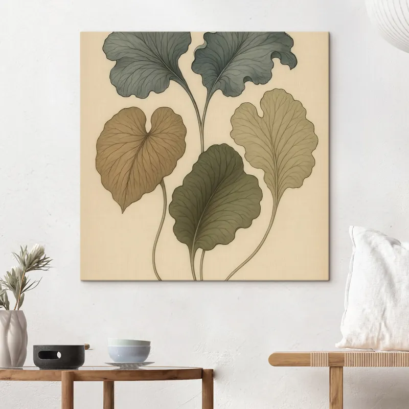 Pictură pe pânză Frunze decorative în nuanțe discrete pe un fundal bej Nr s49721 Ieftin