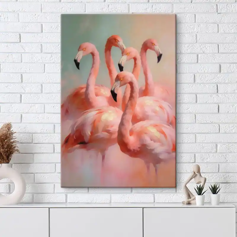 Preț mic Pictură pe pânză Flamingo roz în nuanțe pastelate delicate, în stilul picturii în ulei Nr s49726