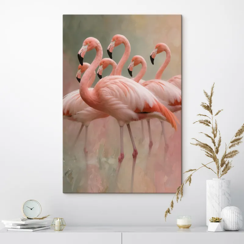 Premium Pictură pe pânză Portret decorativ al unui stol de flamingo, realizat în stilul picturii contemporane Nr s49727