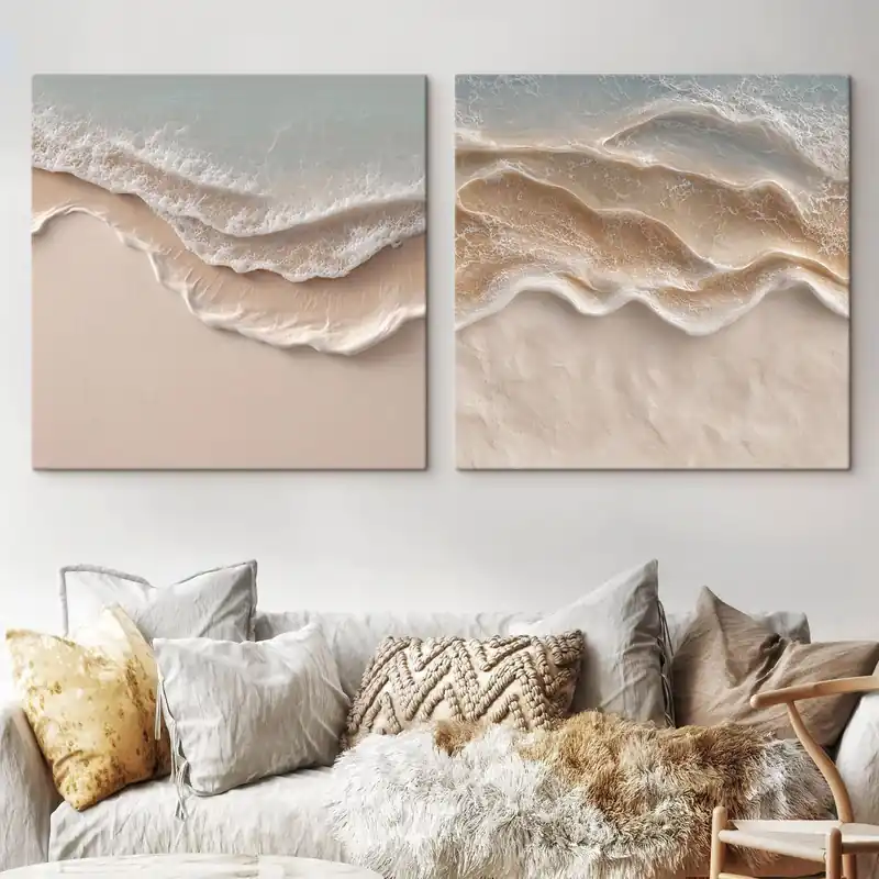 Pictură pe pânză Valuri oceanice abstracte, cu spumă albă și nisip fin, în nuanțe pastelate Nr m30651 Promoție