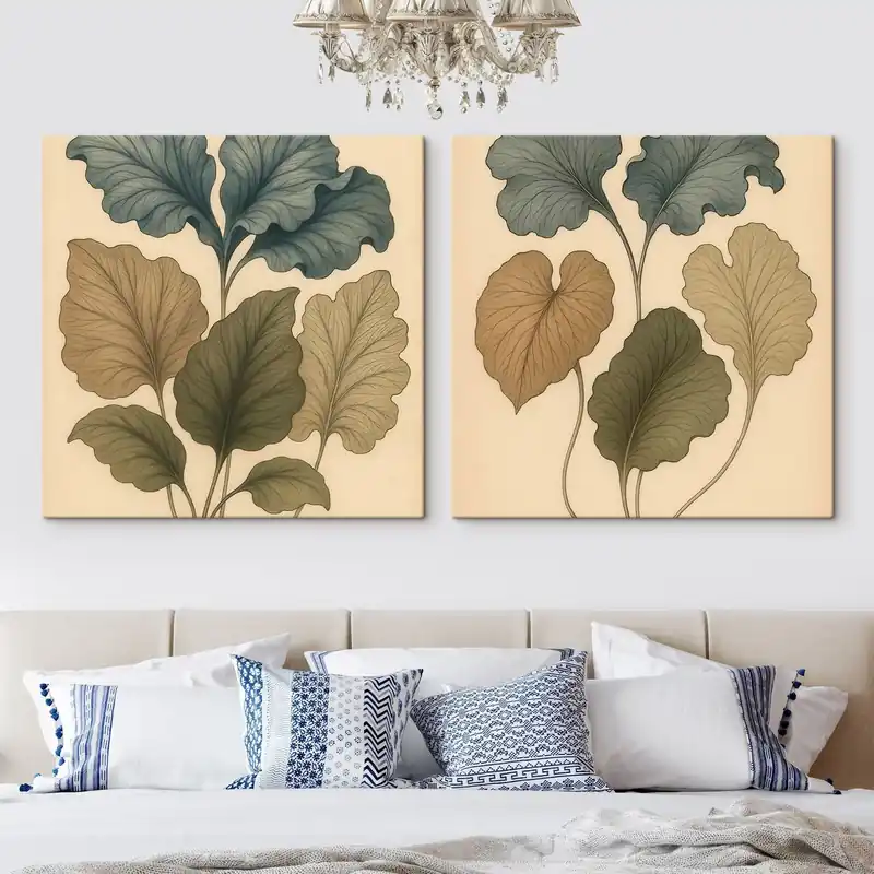 Reducere de preț Pictură pe pânză Diptych botanic cu frunze texturate, în nuanțe discrete, în stilul ilustrațiilor retro Nr m30654