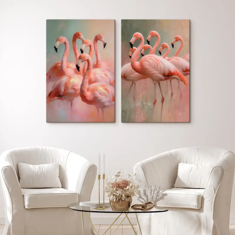 Pictură pe pânză Compoziție cu un stol de flamingo pe un fundal estompat, în stilul picturii contemporane Nr m30658 Chilipir