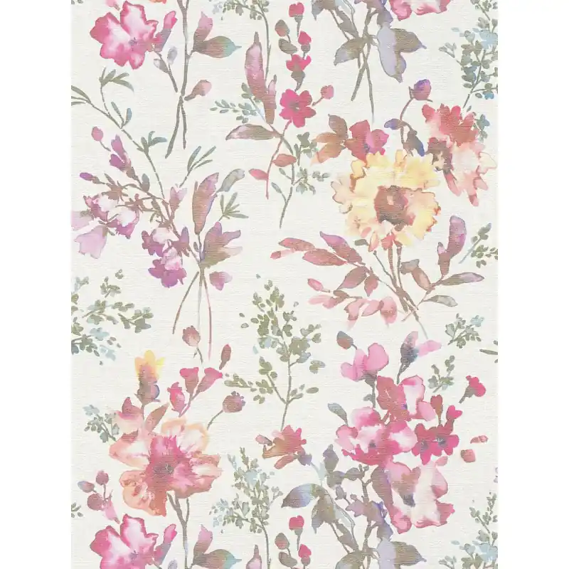 Tapet Floral Vlies Cosmo Living 790611, Model Flori Acuarelă Roz și Galben, Fundal Alb 10.05m x 0.53m Popular