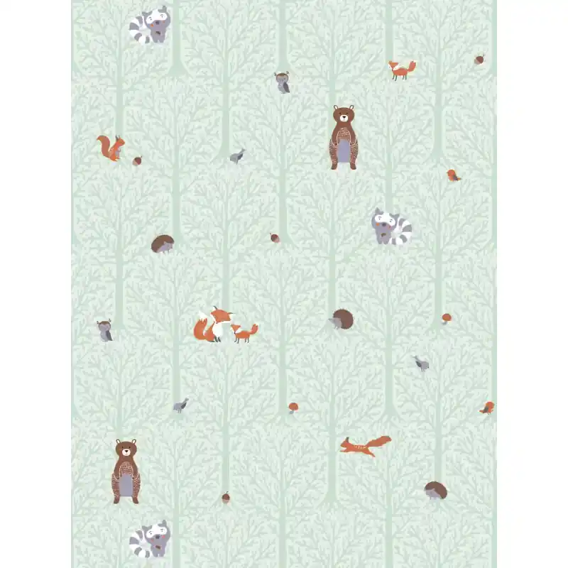 Tapet Copii Little Love,381192 Model Padure si Animale Pastelate Verde, Fundal Alb, 10.05m x 0.53m Ieftin