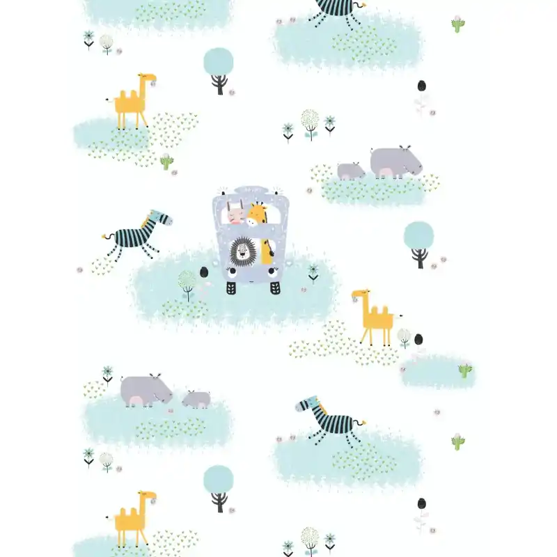 Tapet Copii Little Love,381141 Model Safari cu Animăluțe și Autobuz, Bleu/Pastel, 10.05m x 0.53m Vezi acum