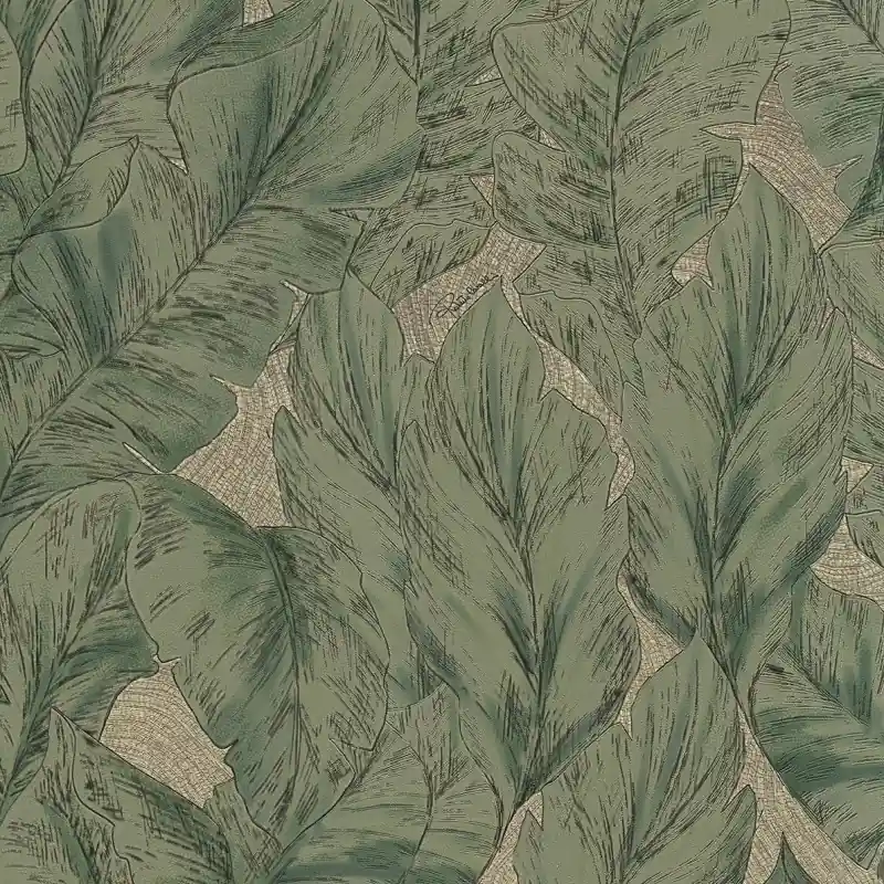 Tapet Luxury Roberto Cavalli 9 - RC21077 Model Frunze Tropicale Verde, Vinil Super-Lavabil, 10.05m x 1.06m Ofertă limitată