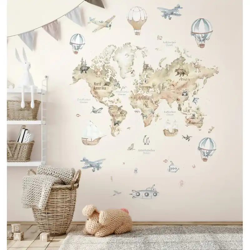 Lichidare de stoc Fototapet Copii Oriana Novamur,96469 Harta Lumii cu Animale și Aventuri, 2.70m x 1.59m