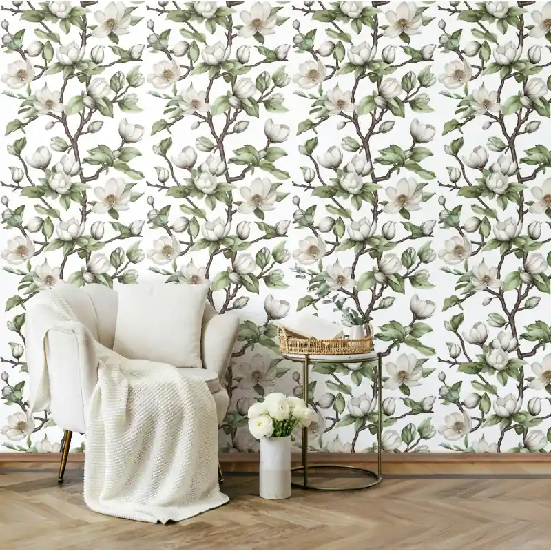 Reduceri Tapet Floral Magnolii Oriana Novamur,89038 Verde și Alb, Vlies Lavabil, 10.05m x 0.53m