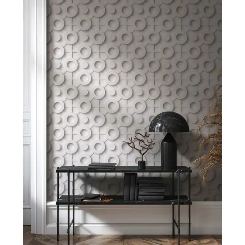 Noutate Tapet Geometric 3D Oriana Novamur,89030 Design Cercuri Structurate,Gri Vlies Lavabil, 10.05m x 0.53m