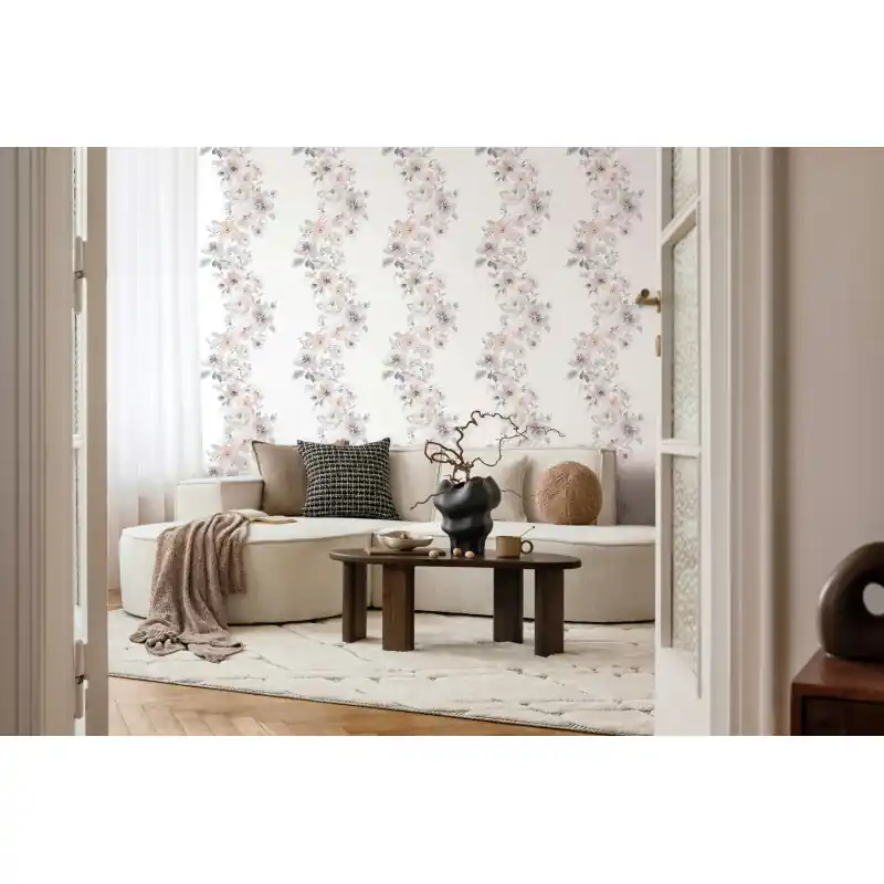 Tapet Floral Acuarelă Oriana Novamur,89013 Flori Corai Bej Gri, Vlies Lavabil, 10.05m x 0.53m Preț redus