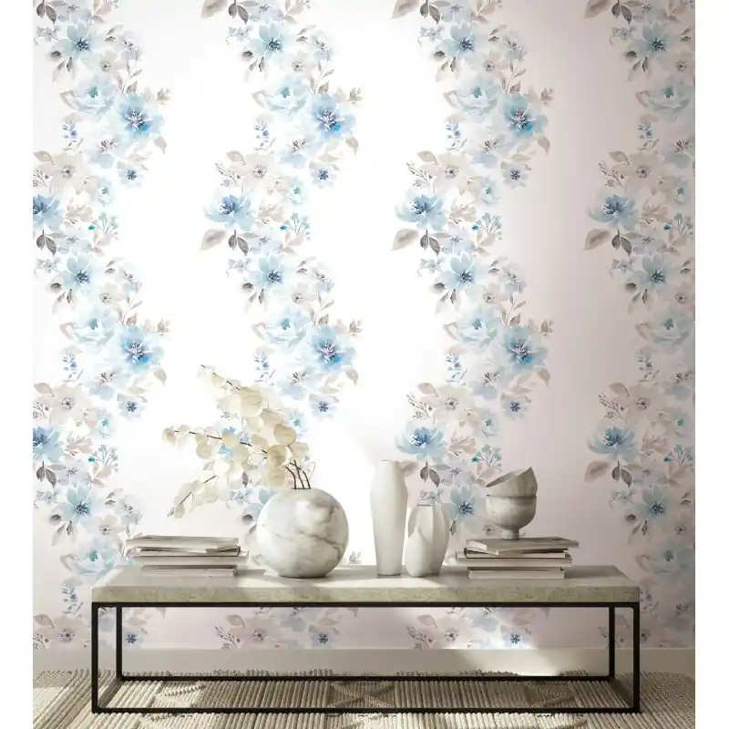 Tapet Floral Acuarelă Oriana Novamur,89012 Flori Corai Albastru, Vlies Lavabil, 10.05m x 0.53m Cel mai vândut