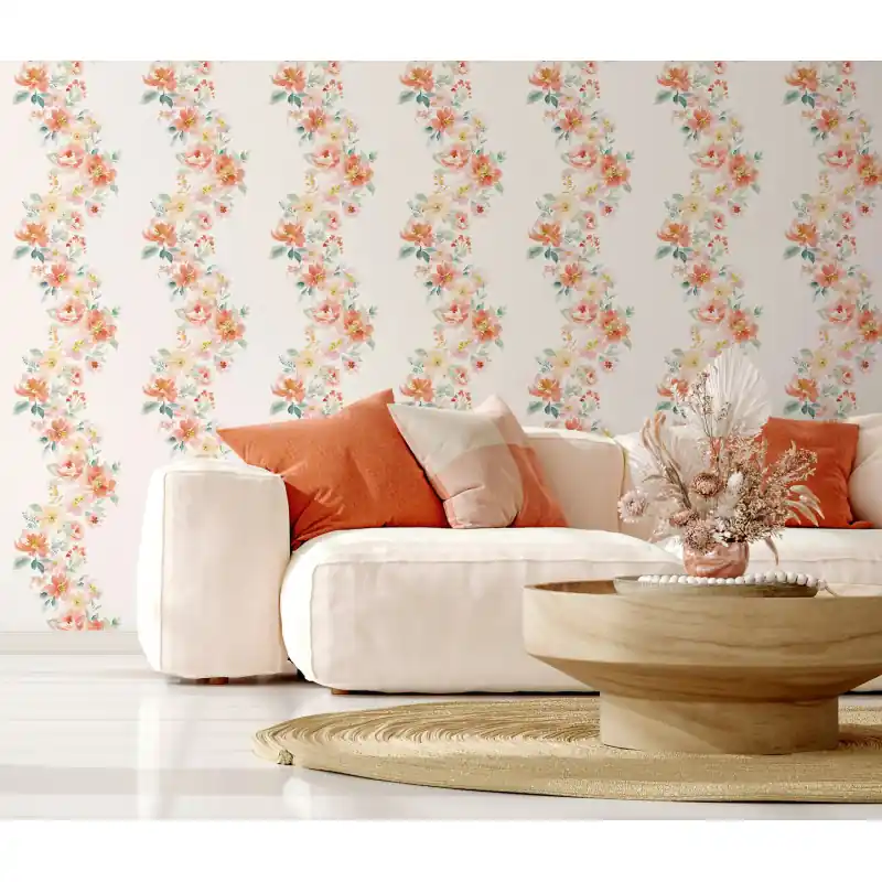 Ieftin Tapet Floral Acuarelă Oriana Novamur,89011 Flori Corai Portocaliu, Vlies Lavabil, 10.05m x 0.53m