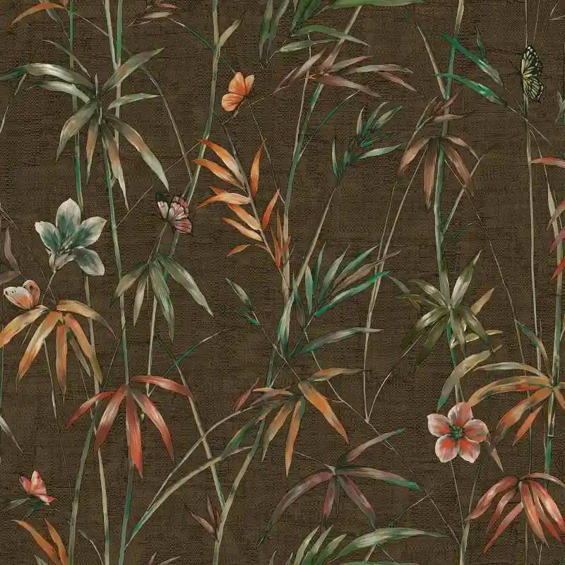 Tapet de lux Philipp Plein - Z81048,Design Floral Bamboo cu Fluturi, Textură Textilă,Maro/Multicolor, 106cm x 10m Ofertă limitată