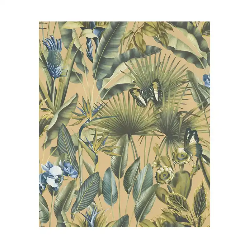 Tapet Zeno Tahiti – Peisaj Tropical cu Fluturi și Flori de Cactus, Maro Albastru 13333 Bestseller