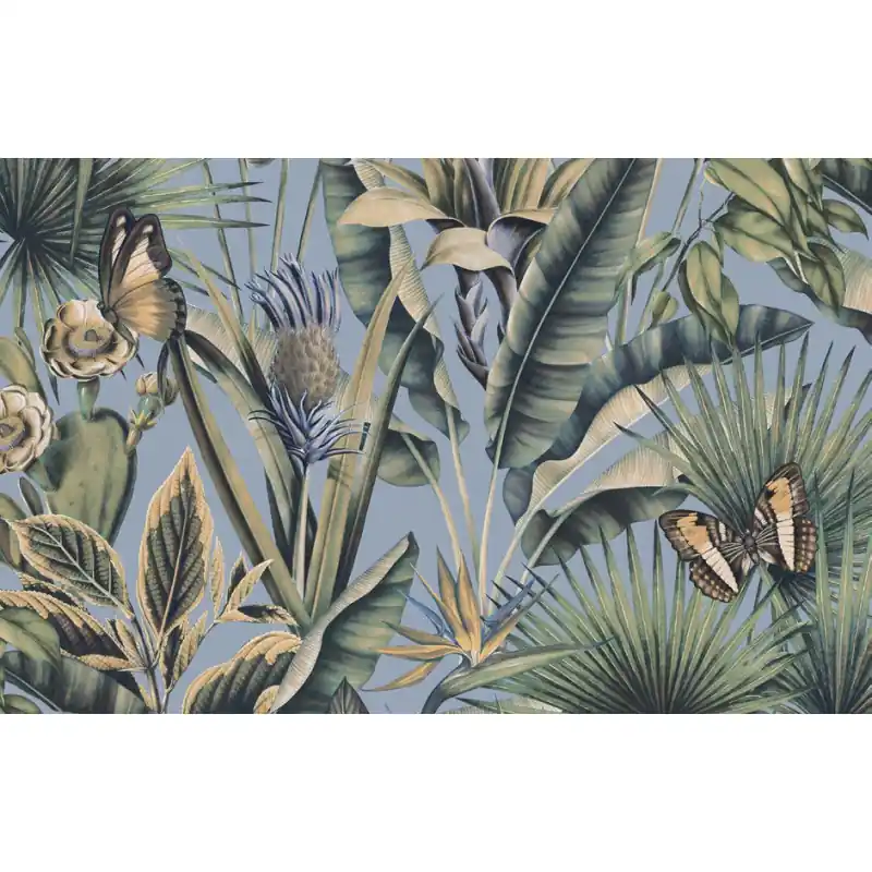 Tapet Zeno Tahiti – Peisaj Tropical cu Fluturi și Flori de Cactus, Gri Verde 13332 Reducere de preț