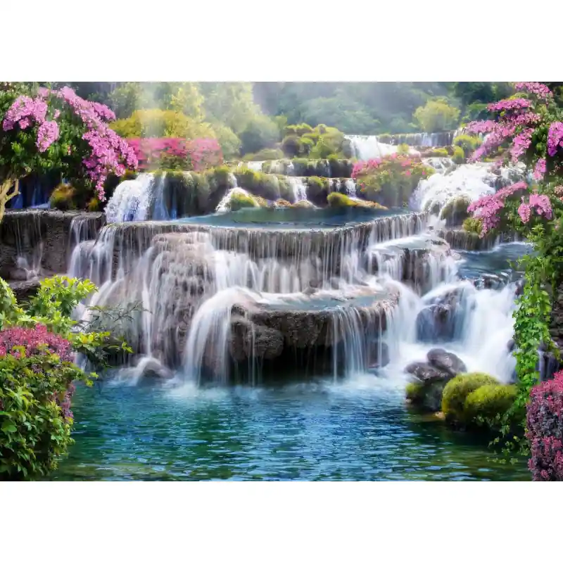 Fototapet cascada, cu flori roz, FR156 Plată sigură