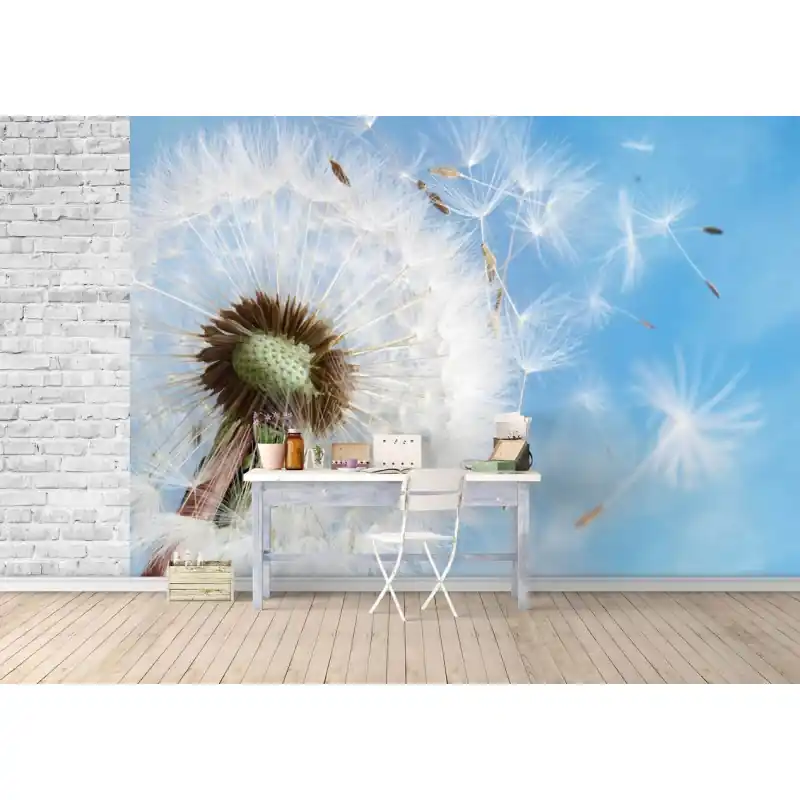 Premium Fototapet floral, papadie, alb, pe fundal albastru, OD8