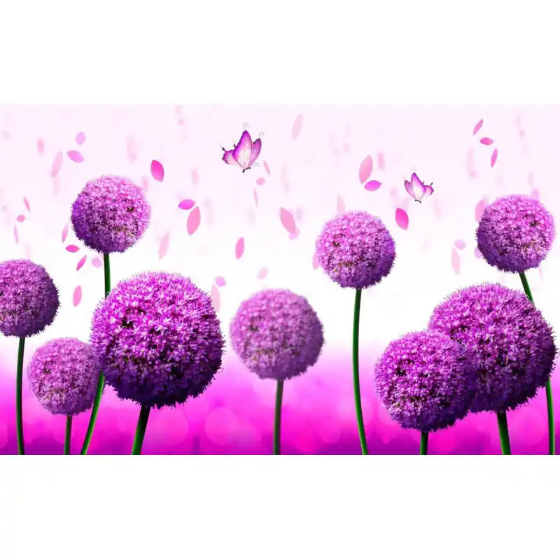 Fototapet 3D, flori violet, si fluturi pe un camp cu flori, 3D102 Ofertă limitată