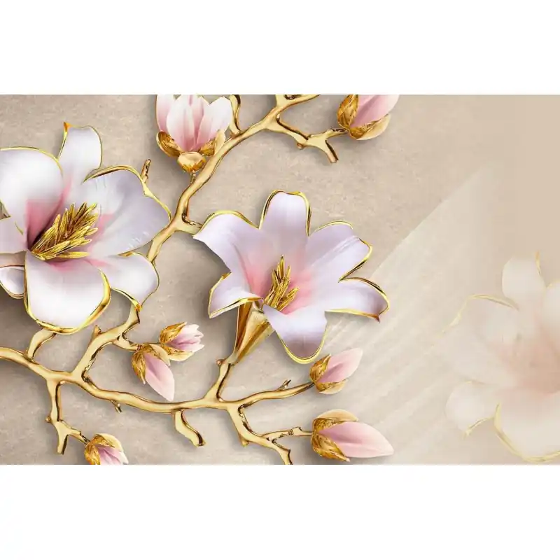 Fototapet 3D, flori, rozulii, cu frunze aurii, 3D75 Mai ieftin