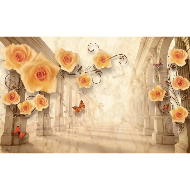 Fototapet 3D, flori, fluturi, coloana greceasca, 3D68 Mai ieftin