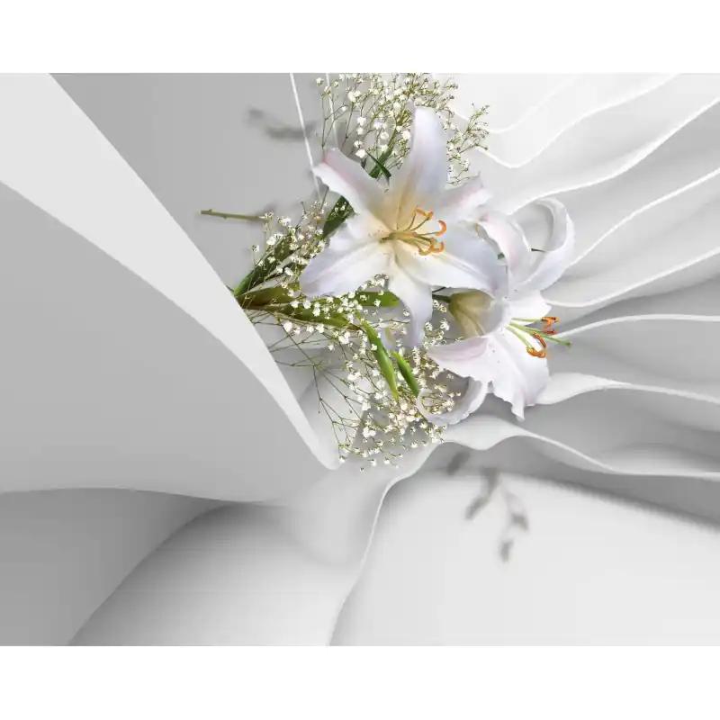 Ieftin Fototapet 3D, crini alb, pe un fundal de matase, 3D59