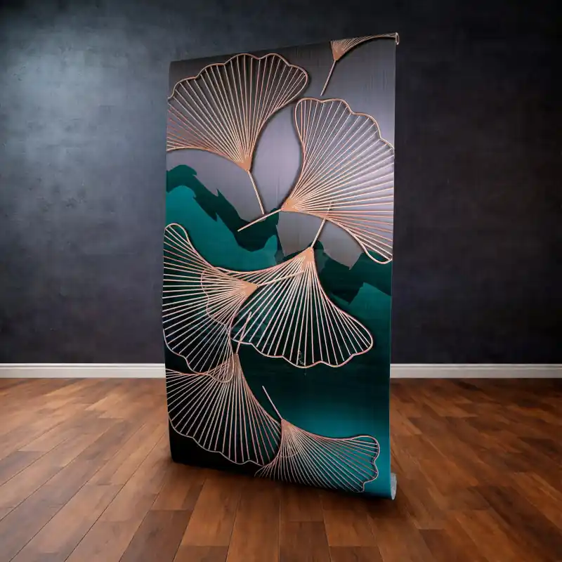 Noutate Panou Decorativ Autocolant Premium, Model Frunze Ginkgo Biloba Gold și Peisaj Teal, 120 x 300 cm
