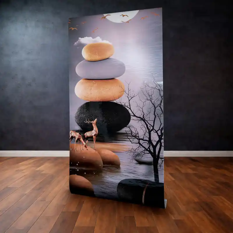 Panou Decorativ Autocolant "Zen Balance" – Pietre de Râu și Cerbi Aurii, 120 x 300 cm Noutate