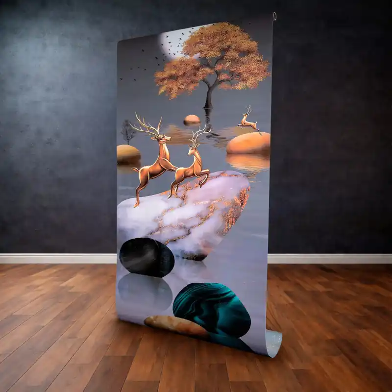 Panou Decorativ Autocolant "Golden Deer Serenity" – Peisaj Zen cu Cerbi Aurii și Lună, 120 x 300 cm Popular