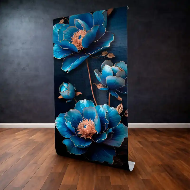 Cel mai vândut Panou Decorativ Autocolant "Royal Blue Blossom" – Flori de Lux cu Margini Aurii, 120 x 300 cm