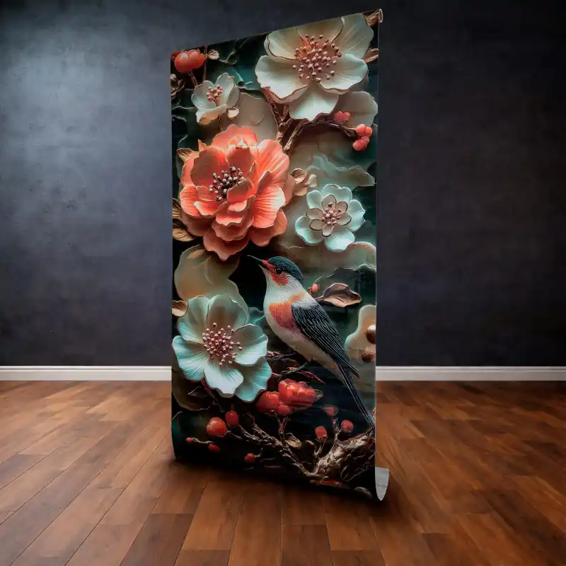 Ofertă limitată Panou Decorativ Autocolant "Golden Bird & Blossom" – Design Floral cu Efect 3D, 120 x 300 cm